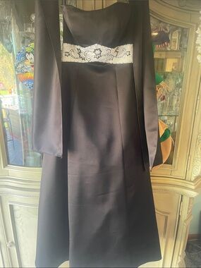 Black Satin Evening Dress with Embroidered Waistband.